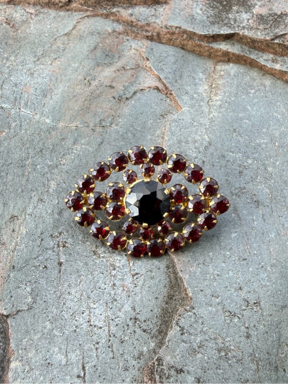Vintage Eye Gold Brooch Deep Red Garnet Colored Austrian Crystals